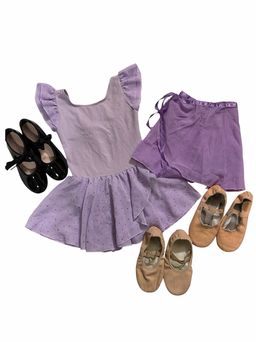 ballet bundle- like new capezio tap shoes, 2 pair ballets flats, Leo & skirt